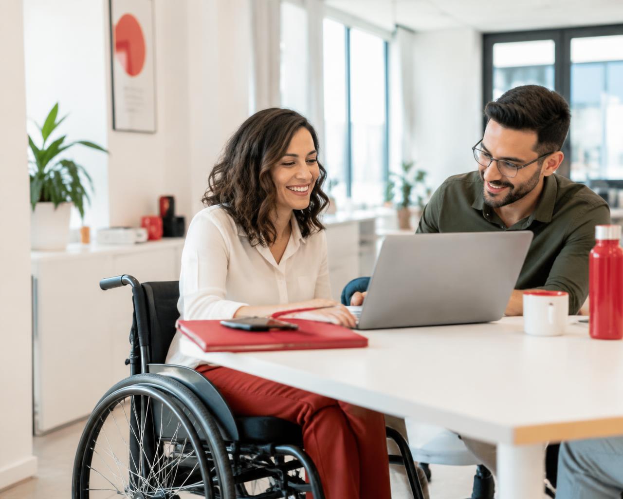 Une salariée en fauteuil roulant travaille avec un collègue sur un ordinateur portable